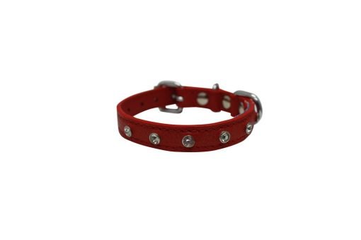 Rhinestones Bling Leather Dog Collar, Padded, Double-Ply, Riveted Settings, 10" x 1/2", Red