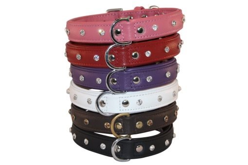 Rhinestones Bling Leather Dog Collar, Padded, Double-Ply, Riveted Settings, Purple 2