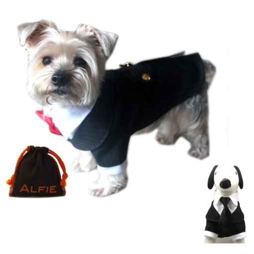Alfie Pet by Petoga Couture - Oscar Formal Tuxedo with Black Tie and Red Bow Tie