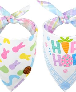 CROWNED BEAUTY Easter Dog Bandanas Small 2 Pack, Bunnies Peeps Set, Hip Pop Plaid Adjustable Triangle Reversible Scarves for Dogs Girl Boy Pets DB22-S