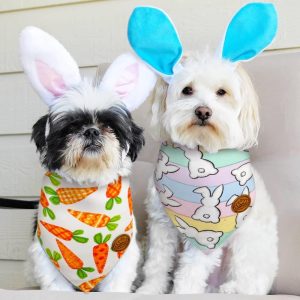 CROWNED BEAUTY Easter Dog Bandanas Small 2 Pack, Bunnies Hip Hop Set, Carrots Polka Dots Adjustable Triangle Reversible Scarves for Dogs Girl Boy Pets DB21-S 2