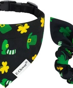 E-Clover St Patricks Day Dog Collar-Shamrock Dog Collar Bandana & Matching Scrunchie Girl Boy Adjustable Dog Collars for XS Small Dogs Cats Owner Gift