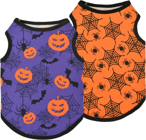 2-Pack Dog Halloween Sleeveless Shirts & Vests - Tank Tops Outfits with Spider Net, Pumpkin, Bat Patterns for Small & Medium Dogs (XS) - 1