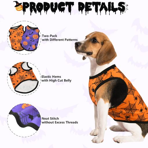 2-Pack Dog Halloween Sleeveless Shirts & Vests - Tank Tops Outfits with Spider Net, Pumpkin, Bat Patterns for Small & Medium Dogs (XS) - 3