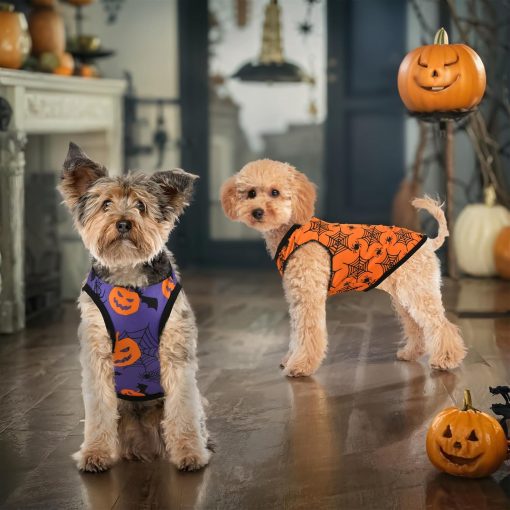 2-Pack Dog Halloween Sleeveless Shirts & Vests - Tank Tops Outfits with Spider Net, Pumpkin, Bat Patterns for Small & Medium Dogs (XS) - 6