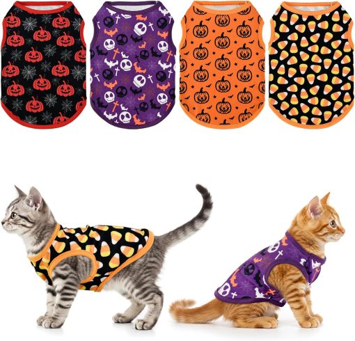 4-Pack Halloween Themed Dog Shirts Puppy Pumpkin Pattern Tank Tops Cute Skull Corn Candy Style Outfits for Small Boy Girl Puppy Festival Costume for Small Medium Dogs XS - 1