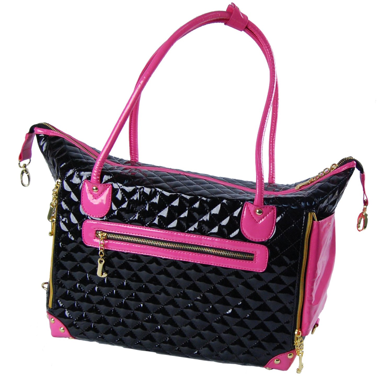 Black and Pink Quilted Faux Patent Leather Tote Purse Dog and Pet Carrier [FOR SMALL DOGS], 20-inch by 7-inch by 13-inch-2