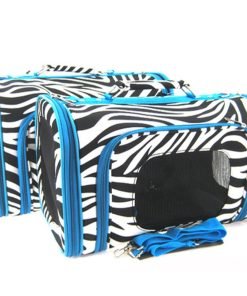 Sturdy Canvas Zebra Print Pet Carrier 2 Piece Set w/ Carry Straps for Dog or Cat Blue Trim - 1