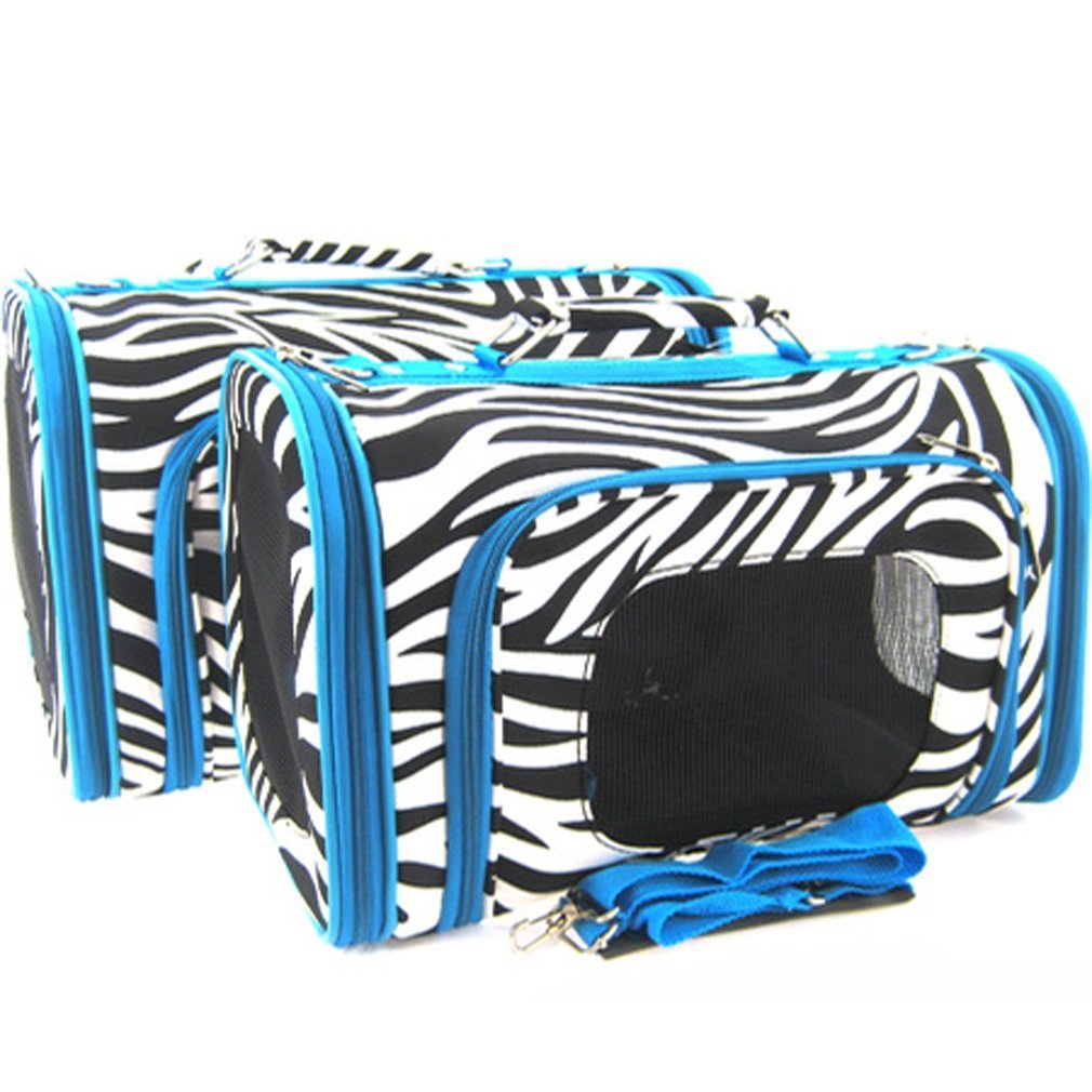 Sturdy Canvas Zebra Print Pet Carrier 2 Piece Set w/ Carry Straps for Dog or Cat Blue Trim - 1