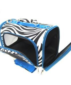 Sturdy Canvas Zebra Print Pet Carrier 2 Piece Set w/ Carry Straps for Dog or Cat Blue Trim - 2