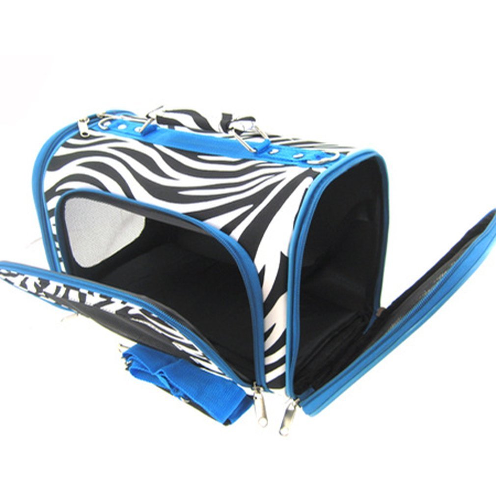 Sturdy Canvas Zebra Print Pet Carrier 2 Piece Set w/ Carry Straps for Dog or Cat Blue Trim - 2