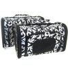 Sturdy Canvas Damask Print Pet Carrier 2 Piece Set w/ Carry Straps for Dog or Cat Black White