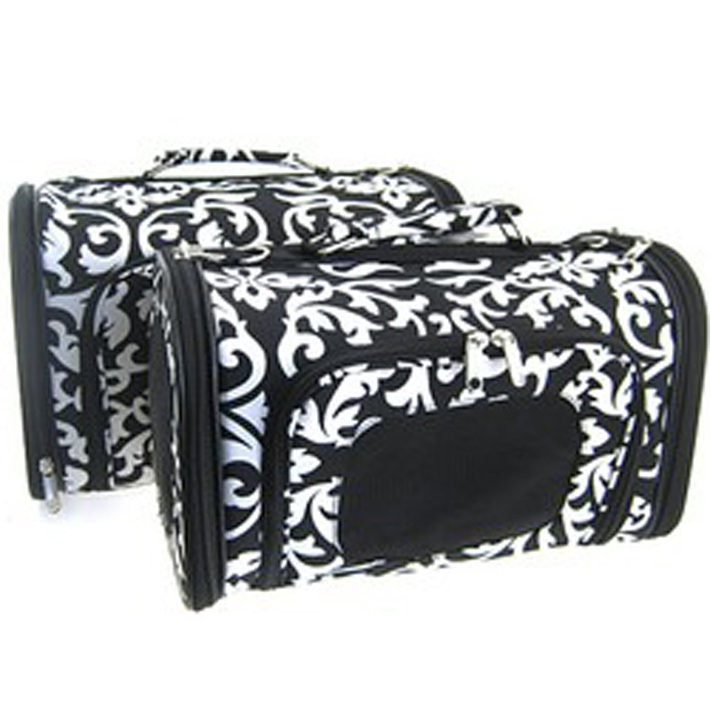 Sturdy Canvas Damask Print Pet Carrier 2 Piece Set w/ Carry Straps for Dog or Cat Black White
