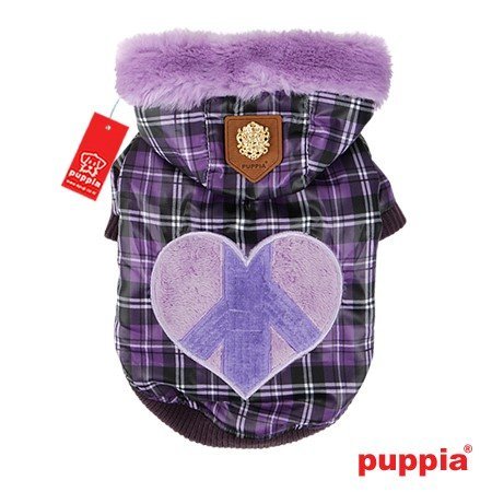 Puppia Authentic Peace Generation Winter Dog Jacket with Fur Trimmed Hood in Bright Purple Plaid in size Small (Neck 9", Chest 13",Back Length 7.5", pets weighing 4-7 Lbs.) (Recommended for mini dog breeds)