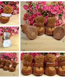 4pcs/set pet dog cat cotton shoes spring autumn winter boot pet bottes (Brown color, Size L) - 1