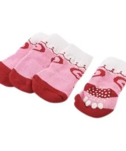 2 Pairs Pink White Heart Paw Printed Stretchy Pet Dog Yorkie Socks L - 1