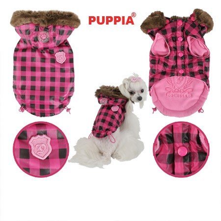 Puppia Authentic TGIF Faux Fur Trimmed Hooded Jacket in Hot Pink Check in Size Medium (Chest 16", Neck 12", Back Length 12, Weight 6-9 Lbs.) (Recommended for Small Dog Breeds)