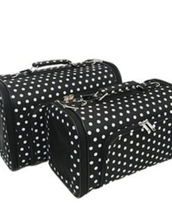 Sturdy Canvas Small Polka Dot Print Pet Carrier 2 Piece Set w/ Carry Straps for Dog or Cat Black White