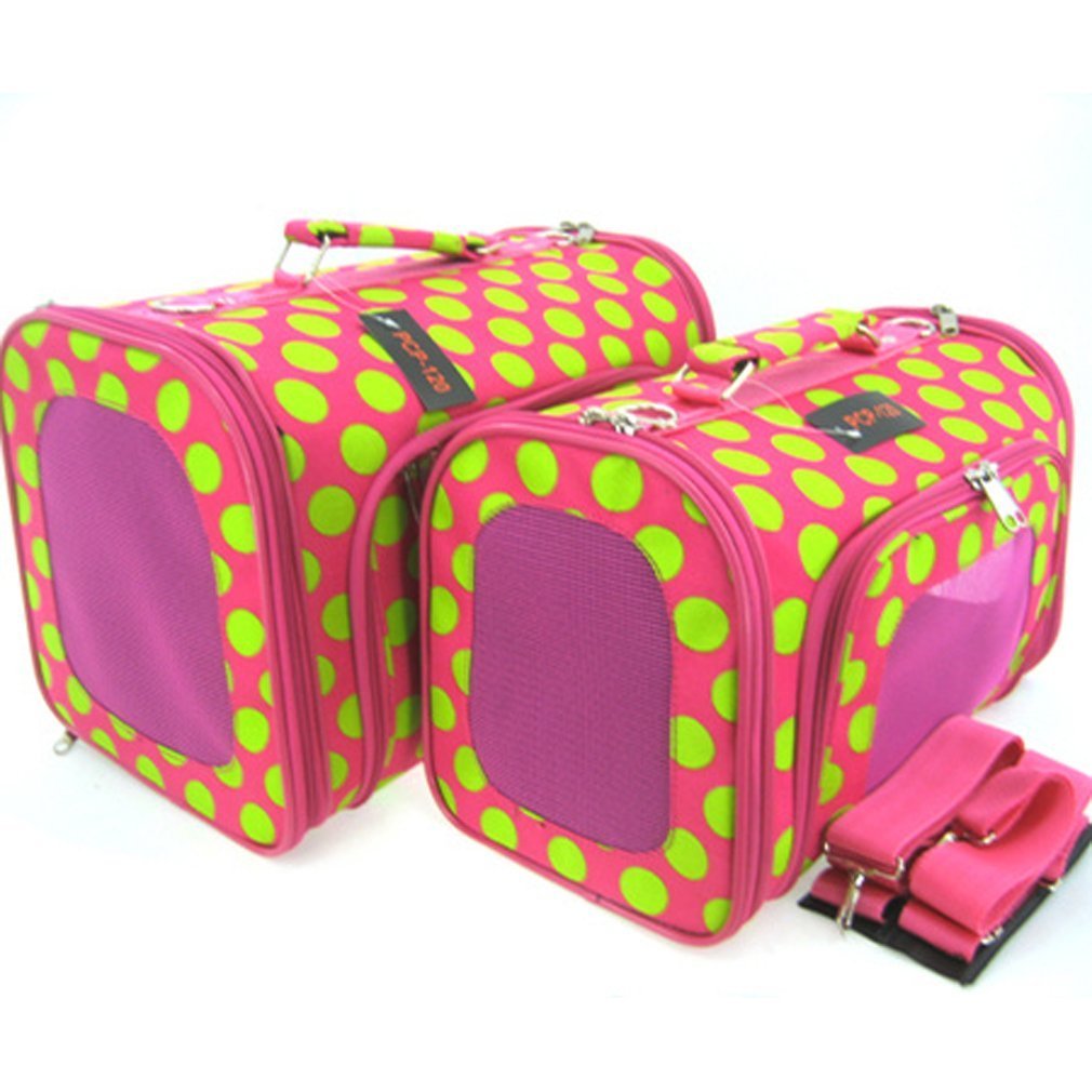 Sturdy Canvas Retro Polka Dot Print Pet Carrier 2 Piece Set w/ Carry Straps for Dog or Cat Pink Green - 1