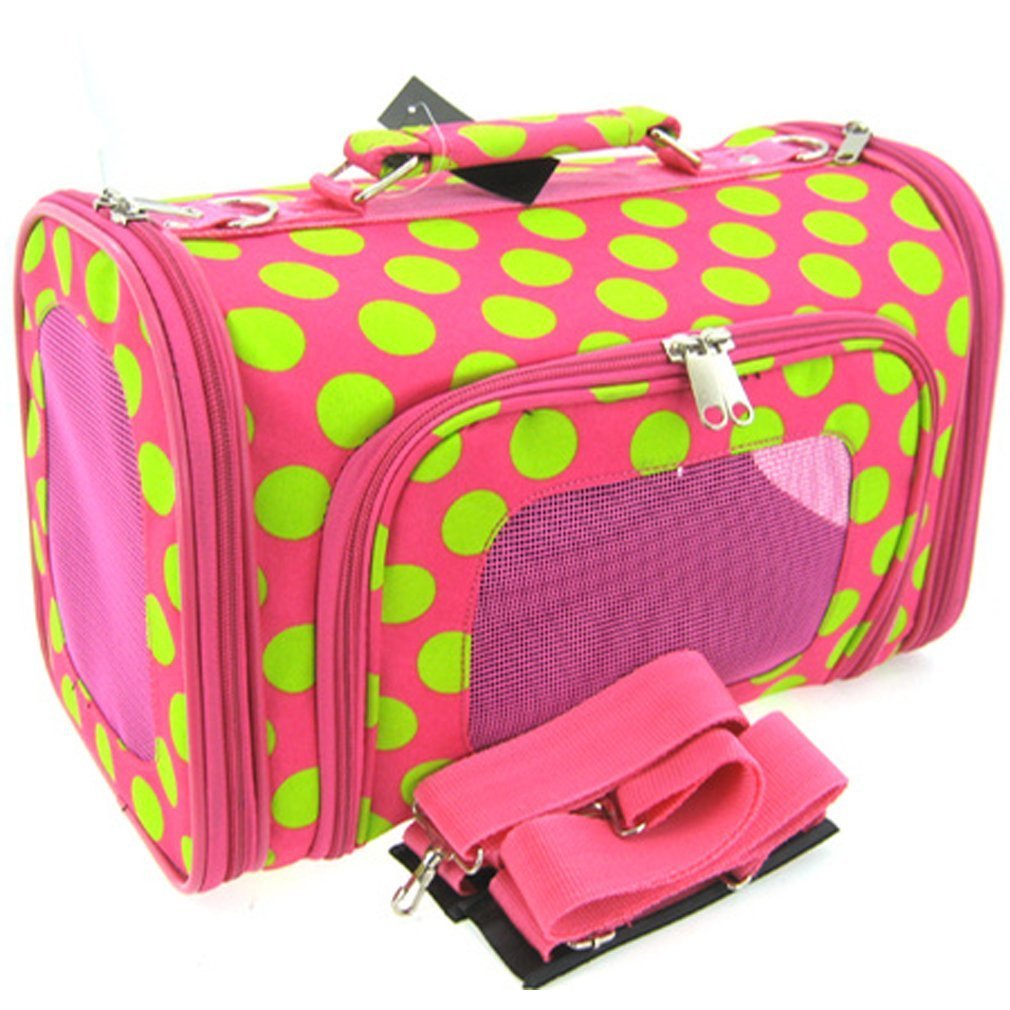 Sturdy Canvas Retro Polka Dot Print Pet Carrier 2 Piece Set w/ Carry Straps for Dog or Cat Pink Green - 2