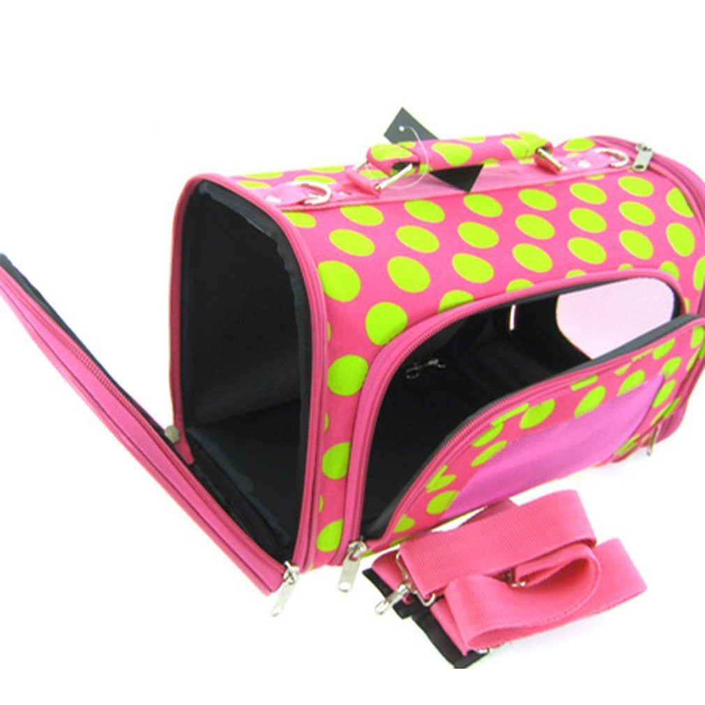 Sturdy Canvas Retro Polka Dot Print Pet Carrier 2 Piece Set w/ Carry Straps for Dog or Cat Pink Green - 3
