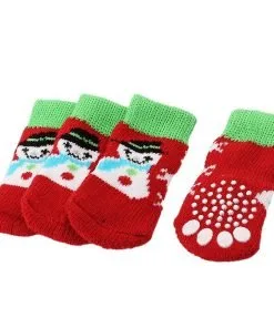 2 Pairs Paw Printed Nonskid Bottom Knitted Pet Dog Socks Red Green M - 1