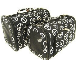 Sturdy Canvas Retro Peace Sign Print Pet Carrier 2 Piece Set w/ Carry Straps for Dog or Cat Black & White