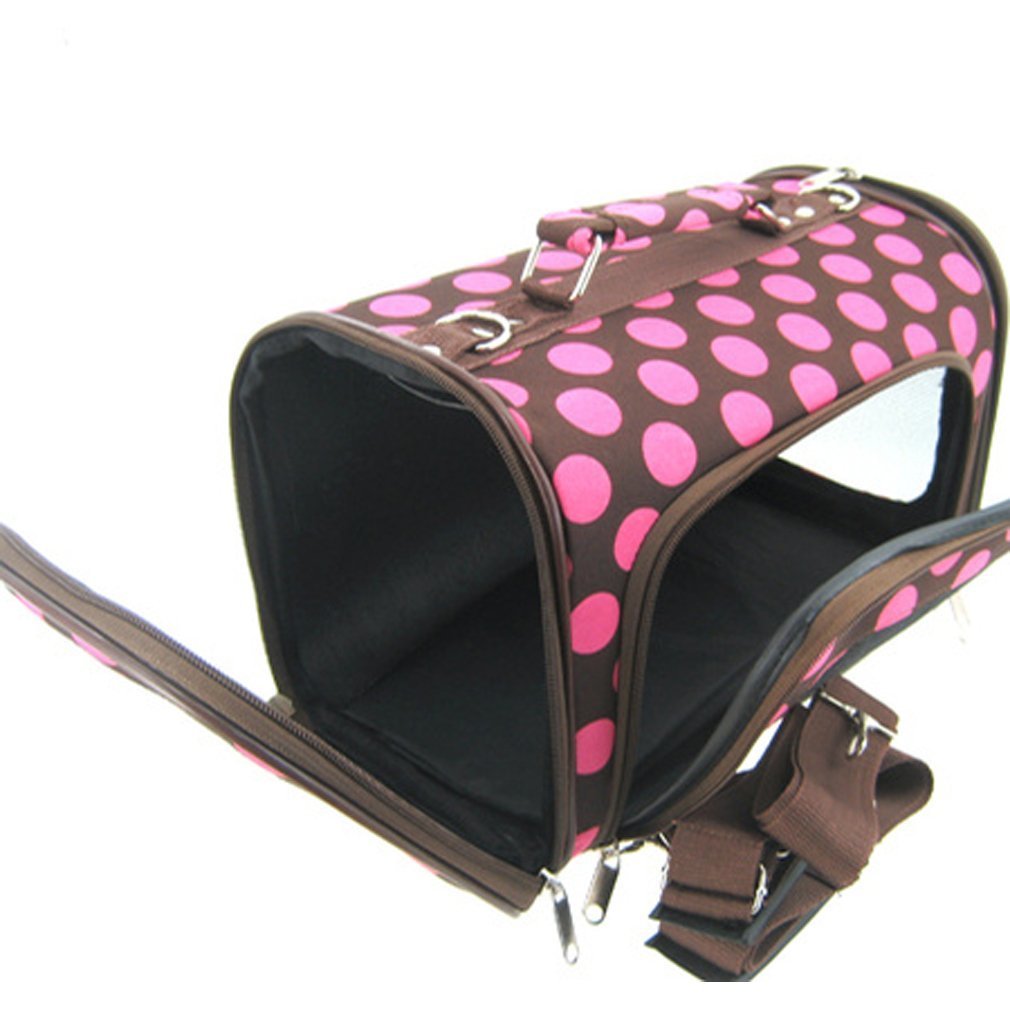 Sturdy Canvas Retro Polka Dot Print Pet Carrier 2 Piece Set w/ Carry Straps for Dog or Cat Pink Brown - 2