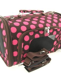 Sturdy Canvas Retro Polka Dot Print Pet Carrier 2 Piece Set w/ Carry Straps for Dog or Cat Pink Brown - 3
