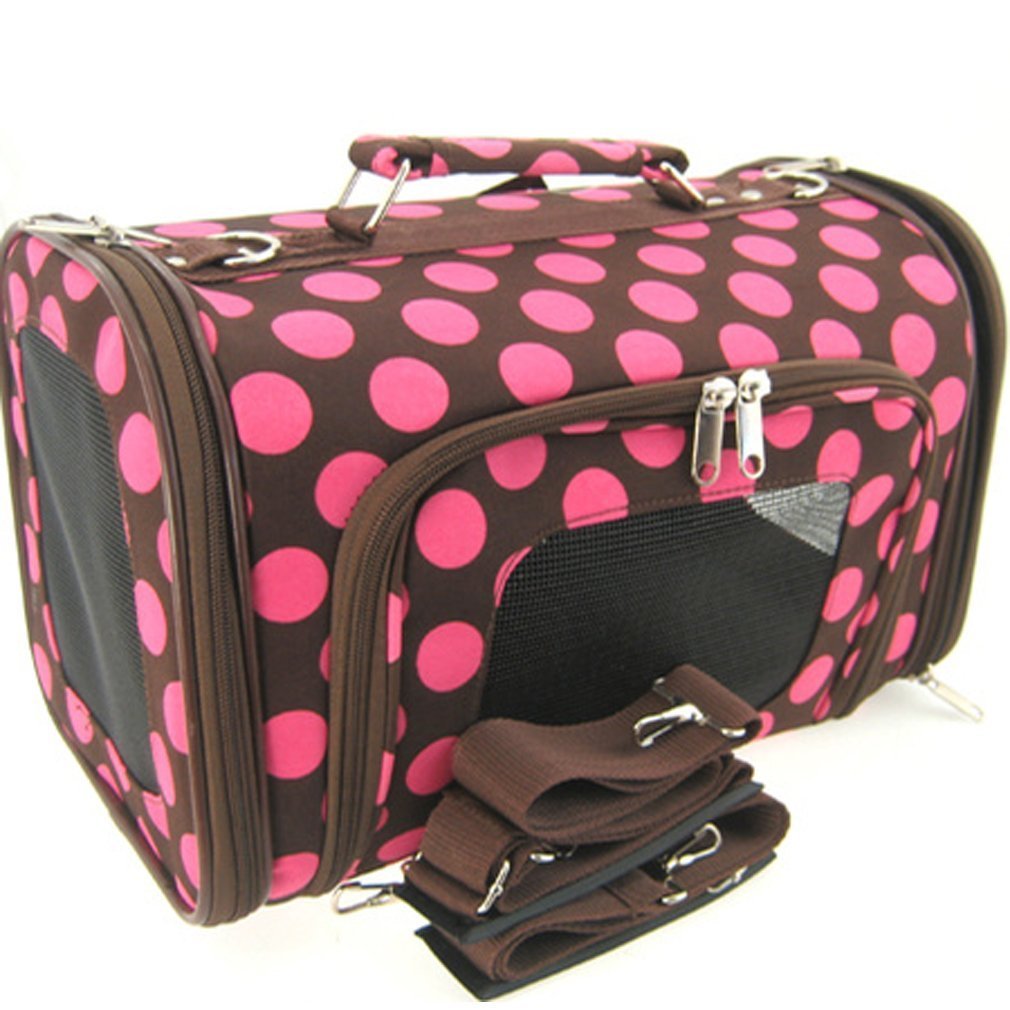 Sturdy Canvas Retro Polka Dot Print Pet Carrier 2 Piece Set w/ Carry Straps for Dog or Cat Pink Brown - 3