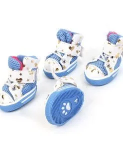 2 Pairs White Blue Heart Printed Antislip Sole Pet Dog Doggy Shoes XS