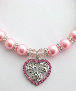 PetFavorites(TM) Couture Designer Fancy Crystal Heart Charm and Rose Pendant Pet Cat Dog Necklace Collar Jewelry with Bling Rhinestones Pearls for Pets Cats Small Dogs Female Puppy Chihuahua Yorkie Girl Costume Outfits, Adjustable and Handmade - 2