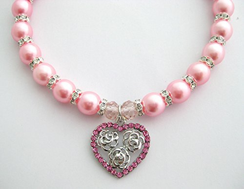 PetFavorites(TM) Couture Designer Fancy Crystal Heart Charm and Rose Pendant Pet Cat Dog Necklace Collar Jewelry with Bling Rhinestones Pearls for Pets Cats Small Dogs Female Puppy Chihuahua Yorkie Girl Costume Outfits, Adjustable and Handmade - 2