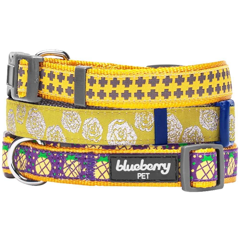 Blueberry Pet Gold Cross Yumy Pineapple and Silver Tinsel Roses Pattern Dog Collar