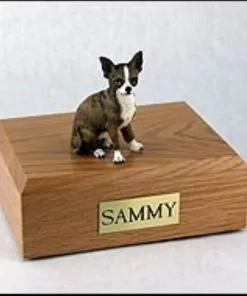 Chihuahua Dog, Pet Cremation Urn - Brindle Chihuahua Figurine on Traditional, Small Sized, Oak Wood Urn