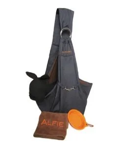 Alfie Pet by Petoga Couture - 3-Piece Dog Park Bundle Chico 2.0 Revisible Pet Sling Carrier, Microfiber Fast-Dry Towel, Rosh Collapsible Travel Bowl - Color Denim Sling, Orange Bowl