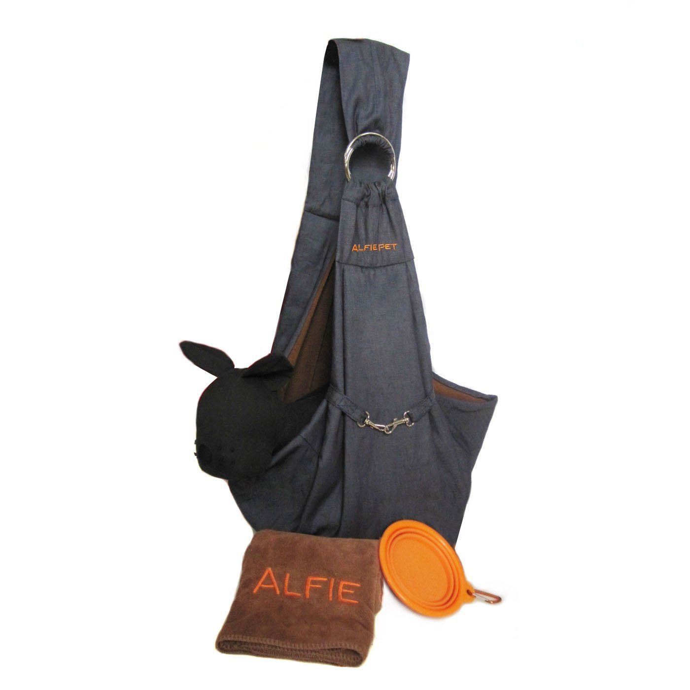 Alfie Pet by Petoga Couture - 3-Piece Dog Park Bundle Chico 2.0 Revisible Pet Sling Carrier, Microfiber Fast-Dry Towel, Rosh Collapsible Travel Bowl - Color Denim Sling, Orange Bowl