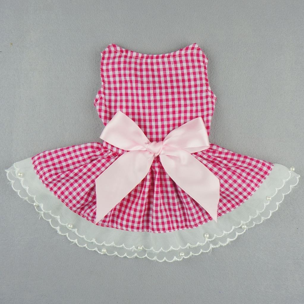 Fitwarm® Casual Pink Plaid Ribbon Pet Clothes Dog Dress Lace Shirts Apparel 2