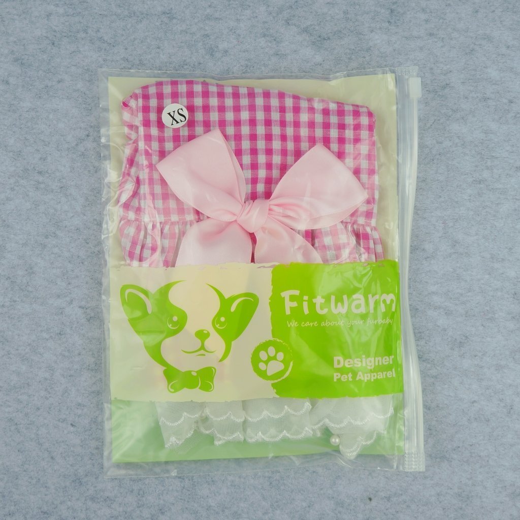 Fitwarm® Casual Pink Plaid Ribbon Pet Clothes Dog Dress Lace Shirts Apparel 6
