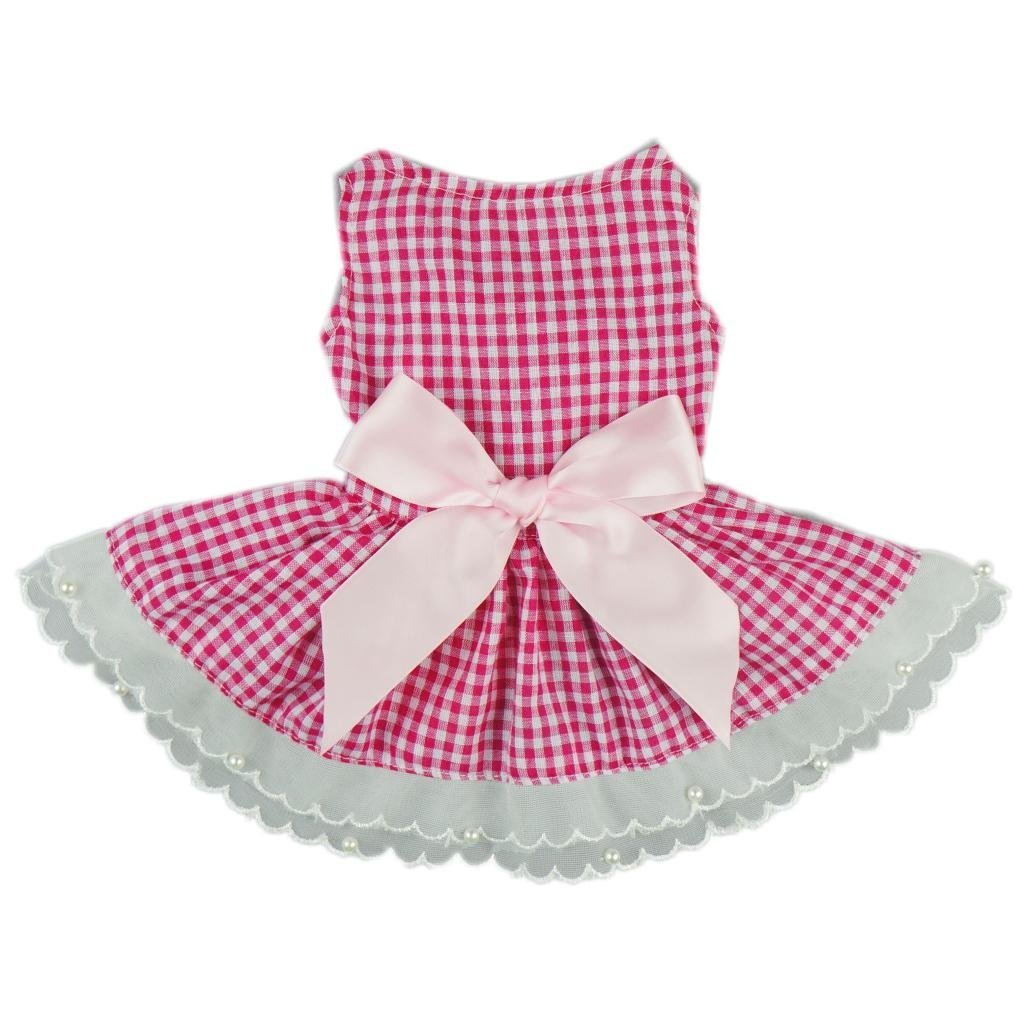 Fitwarm® Casual Pink Plaid Ribbon Pet Clothes Dog Dress Lace Shirts Apparel