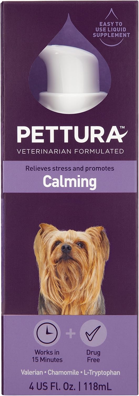 Pettura - Calming, Liquid Dog Supplements, Relieves Stress & Promotes Calming, Chamomile, Valerian Extracts, Ginger Extracts, L-Tryptophan, 4 Ounces