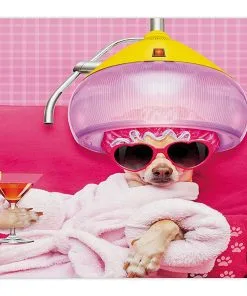 Funny Pet Mats for Food and Water by Lunarable, Chihuahua Dog Relaxing and Lying in Wellness Spa Fashion Puppy Comic Print, Rectangle Non-Slip Rubber Mat for Dogs and Cats, Magenta Baby Pink