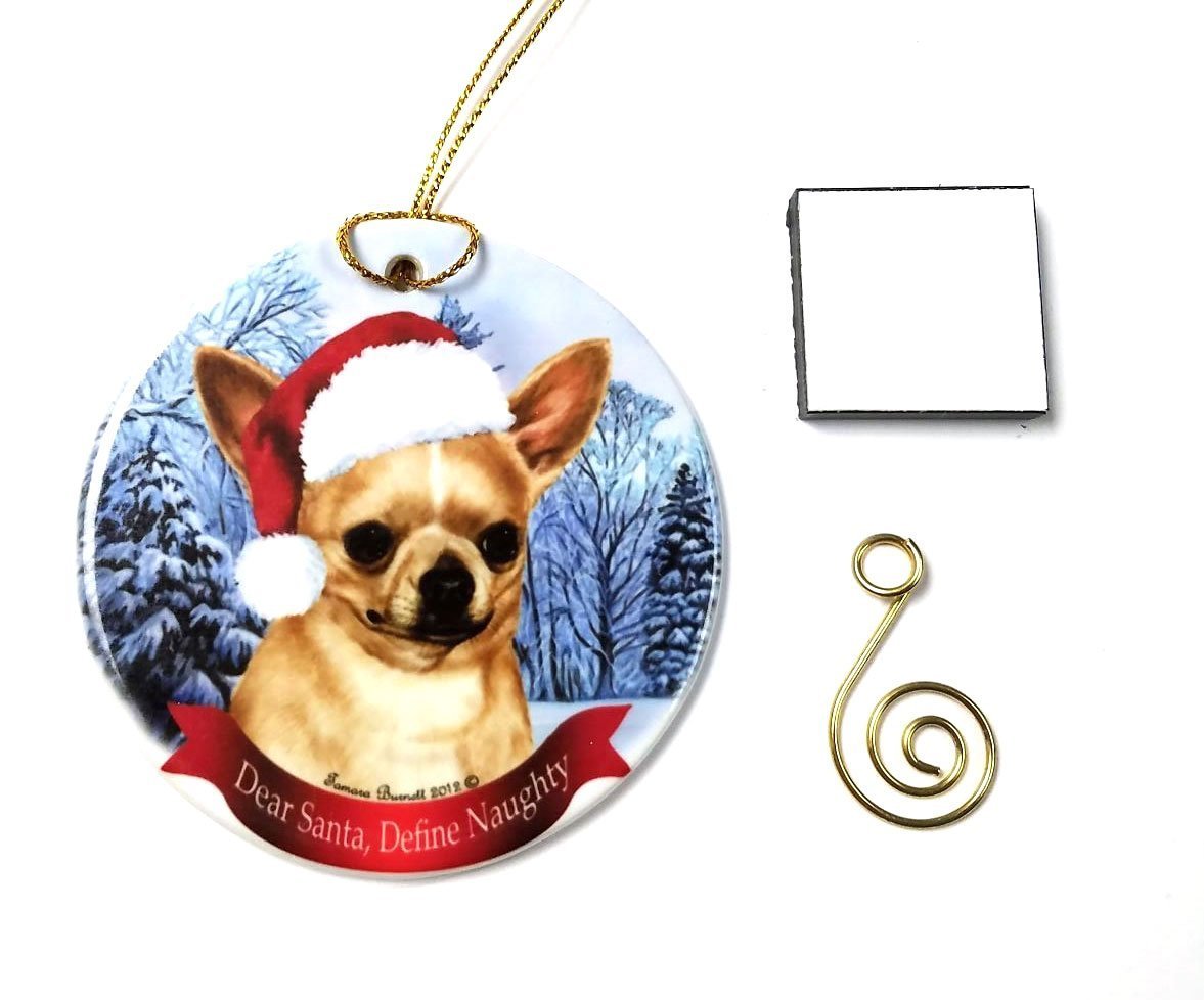 Chihuahua, Fawn Christmas Ornament 3" Porcelain Gift-Boxed with Tree Hook and Magnet Pet Holiday Decoration Bundle by Imprints Plus (HO 070)