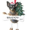 Dangling Legs Dog Ornament - Chihuahua Black Color with Dangling Legs with Red Santa Hat Hand Painted Personalized Christmas Ornament