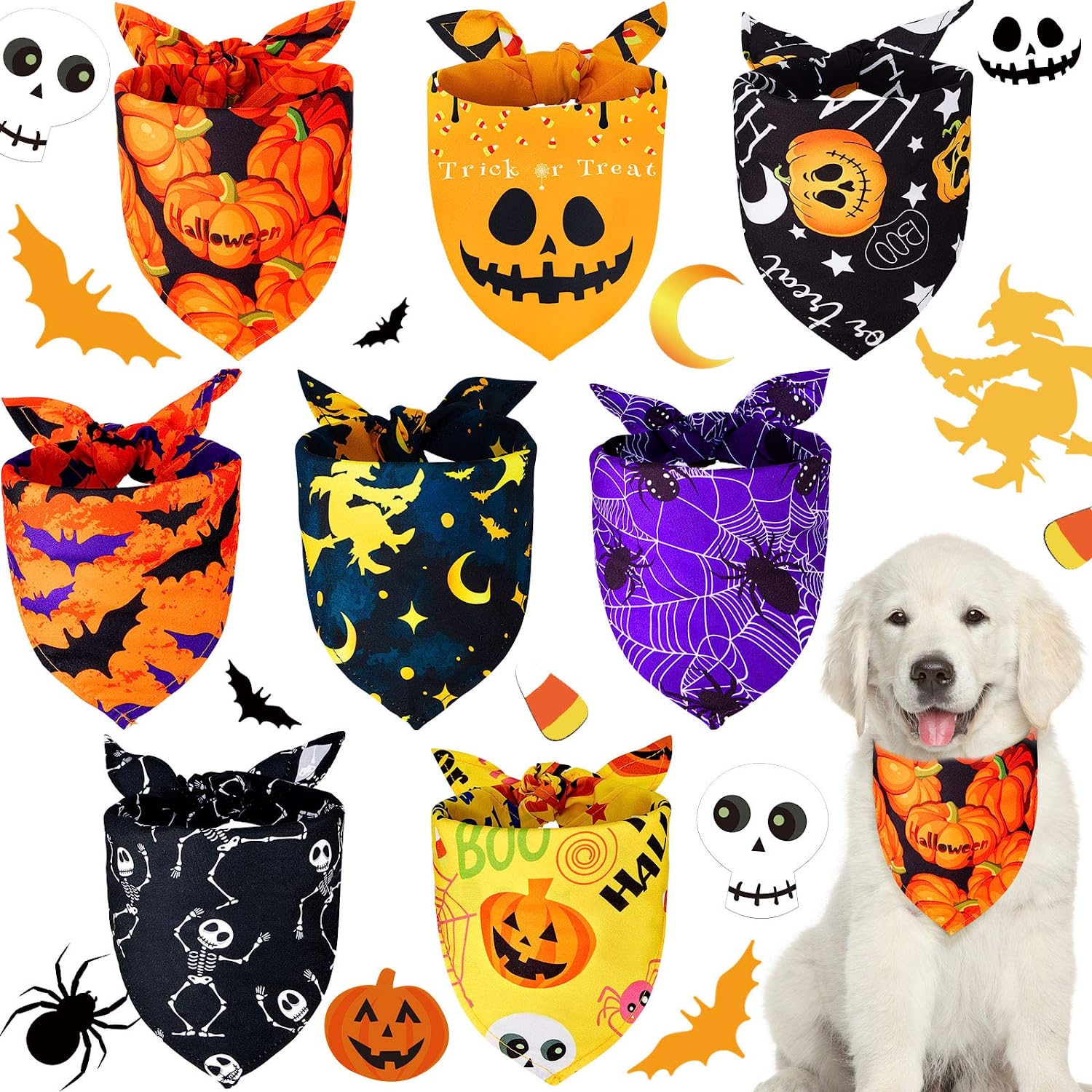 8 Pieces Halloween Dog Bandanas Pumpkin Bat Pet Scarf Dog Triangle Dog Scarf