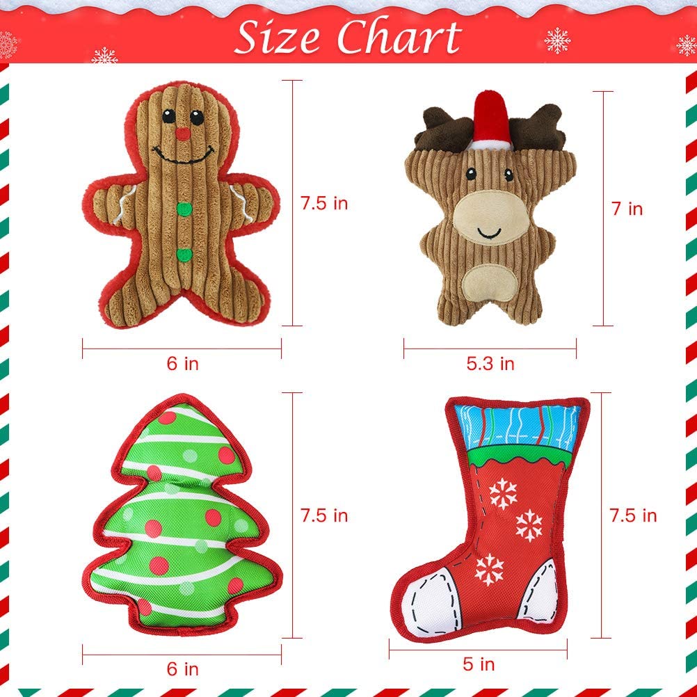 Christmas Squeaky Dog Plush Toys - 4 Packs Puppy Chew Toys, Soft Cute Xmas Pet Gifts for Puppies Small Dogs 2