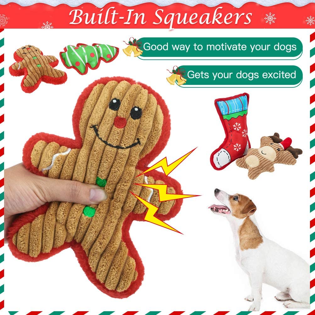 Christmas Squeaky Dog Plush Toys - 4 Packs Puppy Chew Toys, Soft Cute Xmas Pet Gifts for Puppies Small Dogs 3