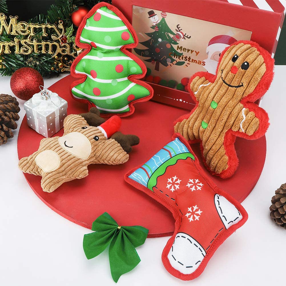 Christmas Squeaky Dog Plush Toys - 4 Packs Puppy Chew Toys, Soft Cute Xmas Pet Gifts for Puppies Small Dogs 7