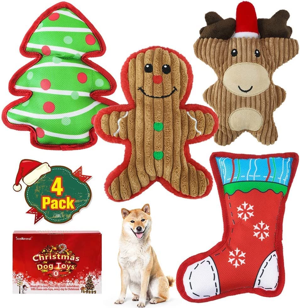 Christmas Squeaky Dog Plush Toys - 4 Packs Puppy Chew Toys, Soft Cute Xmas Pet Gifts for Puppies Small Dogs