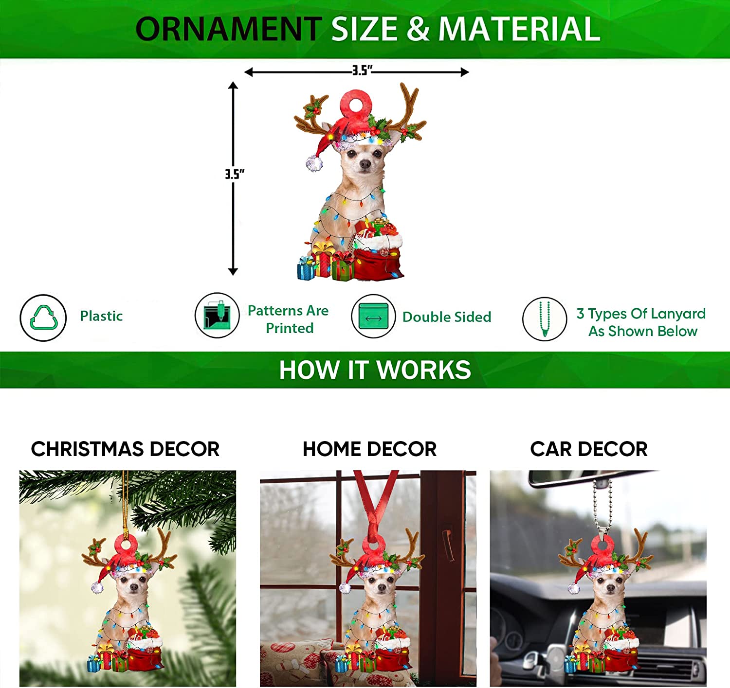 Talataca Chihuahua Wearing Reindeer with String Light Gift for Dog Lovers Christmas Tree Ornament 2